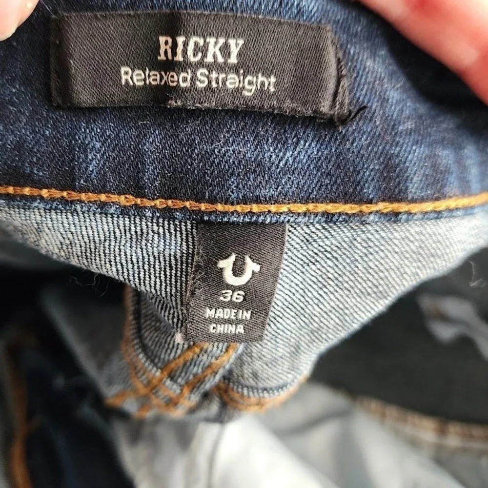 TRUE RELIGION Ricky Relaxed Straight Jeans Dark Wash Flap Pockets Size 36